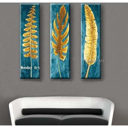 3 Panel handmade Beautiful Knife Gold Leafs Canvas Painting Pictures Hand Painted Abstract gold Oil Paintings Modern painting