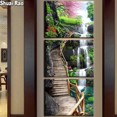 3 piece Diamond painting Triptych waterfall Scenery Picture Of rhinestone cross embroidery home decoration Mosaic puzzle