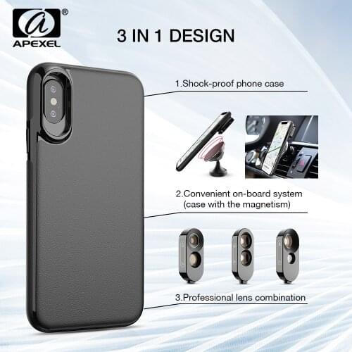APEXEL Highest Quality 3 in 1 Fisheye Lens Kit Wide Angle Telephoto Dual Macro Lens With PU Leather Case For iPhone X,XS,XS Max
