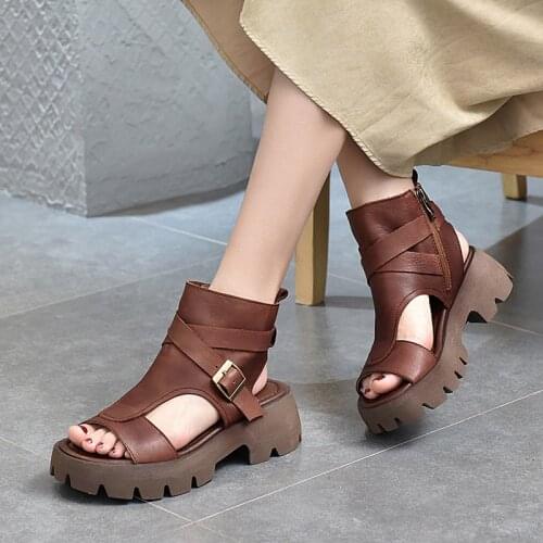 Female Genuine Leather Shoes Women Sandals Summer Zip Retro 2021 New Handmade Wedges Sewing Concise Leisure Ladies Sandals Mujer