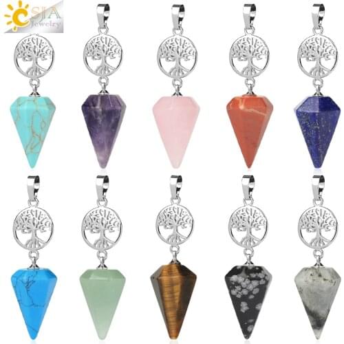 CSJA Spiritual Natural Stone Crystals Pendant Tiger Eye Small Cone Rose Crystal Quartz Tree of Life Healing Jewelry Making G770