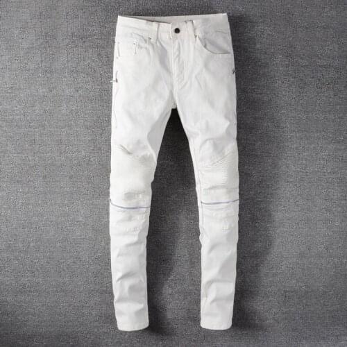 Newly 2021 Designer Men Jeans White Slim Fit Elastic Hip Hop Jeans Men Zipper Spliced Punk Pants Streetwear Biker Jeans Homme