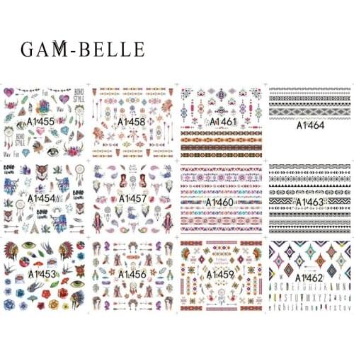 GAM-BELLE 12 Designs Nail Stickers Set Geometric Feather Flower Mixed Pattern Water Transfer Decals Nail Art Decoration Sticker