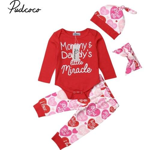 Pudcoco 4PCS Newborn Baby Girls Valentines Cotton Romper Jumpsuit +Pants Outfit Set 0-18M