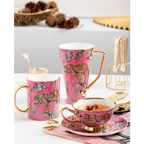 Creative Pink Bone China Mug Leopard Forest Cheetah Ceramic Coffee Cup Milk Water Afternoon Tea Party Drinking Home Drinkware