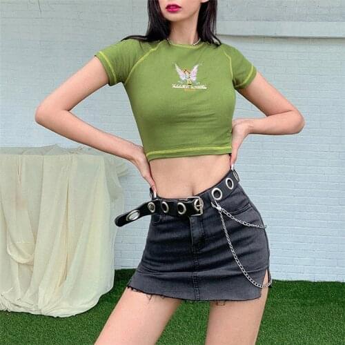 E-girl Butterfly Graphic and Letter Printing Stitch Green Crop Tops Y2K Summer Grunge Style O-neck Short Sleeve T-shirts