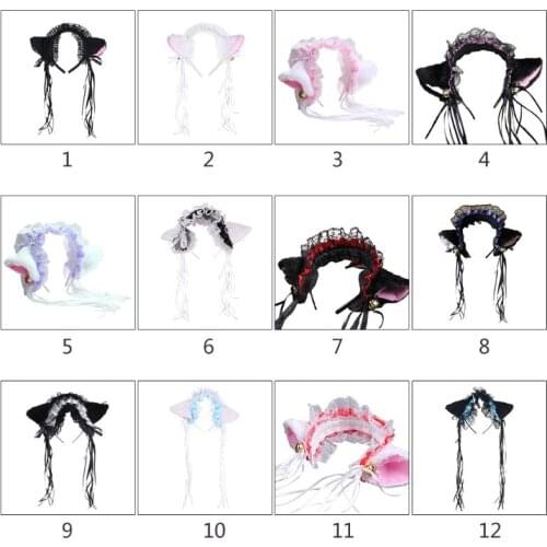 12 styles Cartoon anime cute omen Ruffles Lace Headband Plush Cat Ears Ribbon Bell Lolita Cosplay Hair Hoop