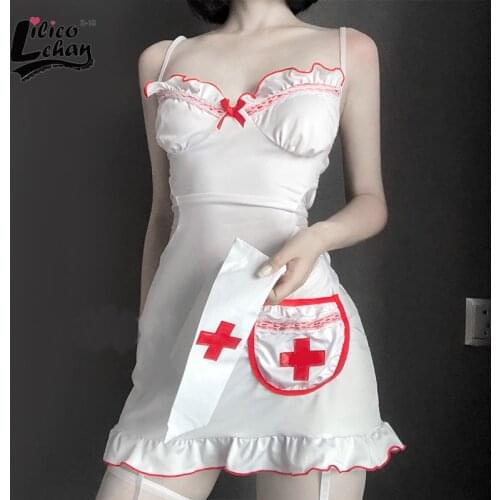 Backless Passion Women Sexy Nurse Erotic Costumes Cosplay Bow V Neck Back Hollow Lingerie Ruffles Temptation Mini Dress Outfit