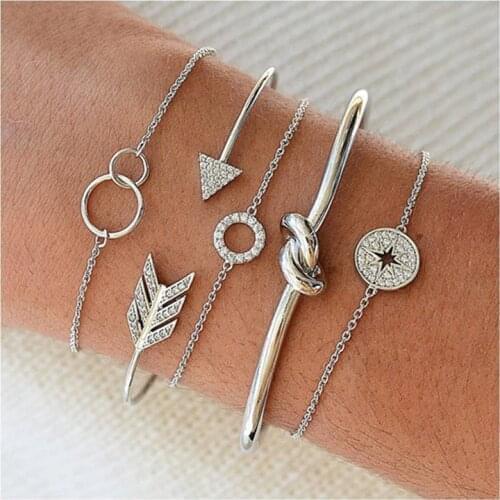Modyle 5Pcs/set Gold Crystal Arrow Circle Charm Bracelets Set for Women New Bohemian Vintage Bracelet Female Dropshipping