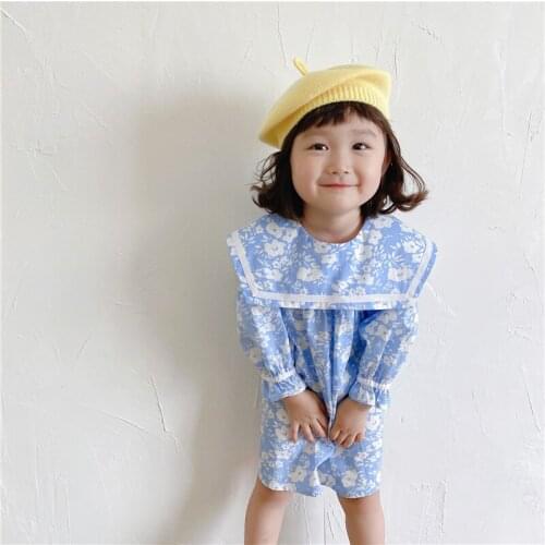 2021 Autumn New Kids Clothes Sailor Collar Dress Floral Newborn Bodysuit Korean Girls Outfits