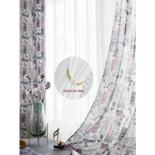 FMH Sheer Voile FIELD Window Curtain for living room and bedroom Panels Faux Linen Tull Printed Newspaper