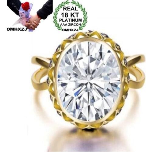 OMHXZJ Wholesale European Fashion Woman Man Party Wedding Gift Luxury Oval White Blue AAA Zircon 18KT Yellow Gold Ring RR727
