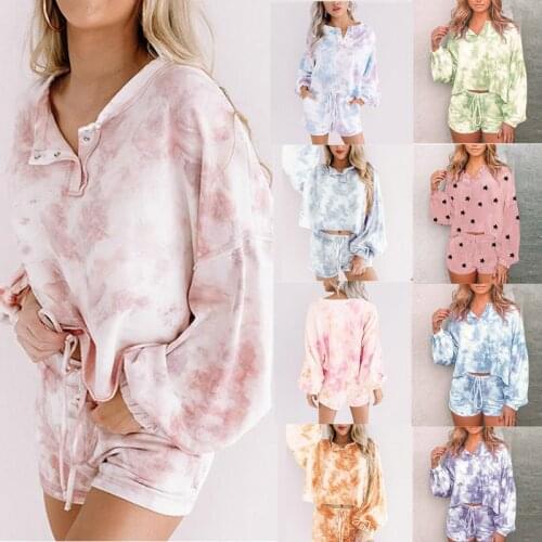 Autumn Womens Homewears Two Pieces Set Tie-Dye Printing Loose Pullover T-shirt Shorts Suit Outfit Long Sleeve Lady Clothing Set