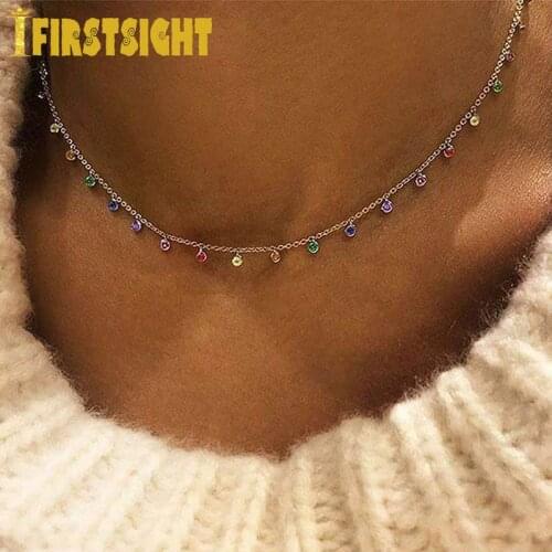 New 925 Sterling Silver Dainty Chandalier Layering Necklace CZ Round Bezel Drip Necklace Gold Filled Delicate Rainbow Cz Choker