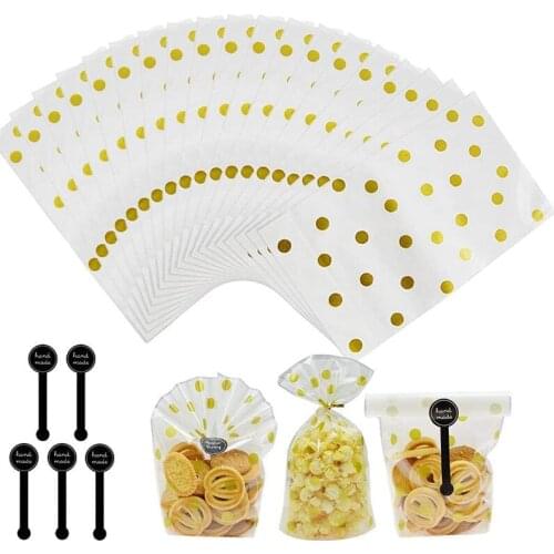 50Sets Golden Dots Plastic Bags Candy Lollipop Cookie Packaging Bag with Sealing Handmade Sticker Bread Treat Bag