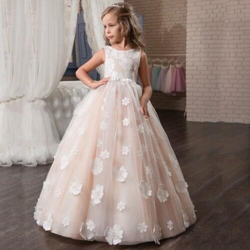 Facny Floral Flower Girl Dresses Holy Communion Pink Sleeveless V Zipper Back Floor Length Appliques Christmas Tulle Ball Gowns