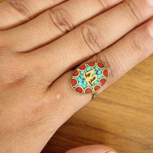 RG340 Ethnic Tibetan Jewelry Women Ring Brass Colorful Stone Buddha Eye Om Ring or Thumb Ring