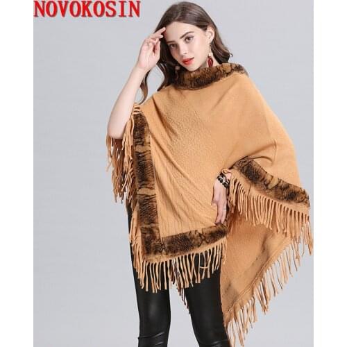 SC322 Black Red Cloak 2019 Plus Size Fur O Neck Pullover Women Loose Capes Winter Faux Fox Fur Knitted Triangle Tassel Sweater