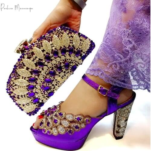 Italian Design 2020 Summer Crystal Shoes and Bag Set in Purple Color High Quality Ladies Shoes Matching Bag for Garden Party