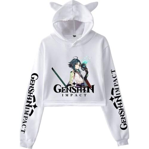 Game Genshin Impact Hoodie Women Short Hoodies Girls Cute clothes styles Cat Ears hoodie Sweatshirt Simple stylish streetwear