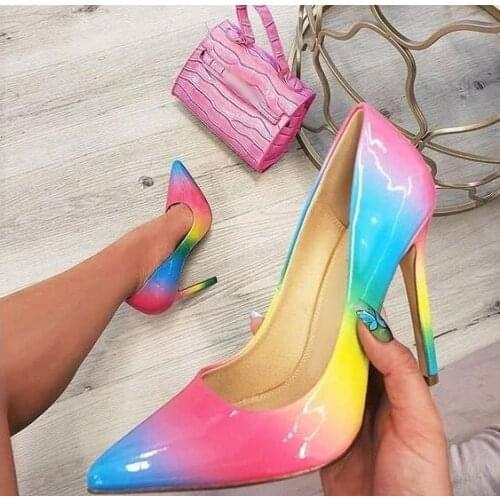 Sexy Rainbow Patent Leather Wedding Shoes Bride Pointed Toe 12CM Stiletto Heels Pumps Women Shoes Customized Real Photo