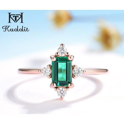 Kuololit 585 Rose Gold Emerald Gemstone Rings for Women Real 925 Sterling Silver Created Emerald Cutting Engagement Promise