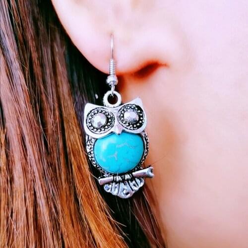 SOHOT Ethnic Natural Green Turkey Stone Cute Animal Owl Pendant Women Drop Earrings High Quality Female Birthday Jewelry Gift