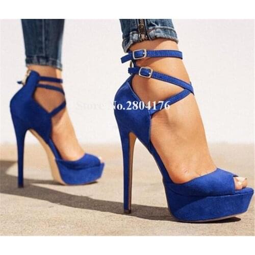 New Fashion Women Open Toe Suede Leather High Platform Stiletto Heel Sandals Blue Ankle Straps High Heel Sandals Dress Heels