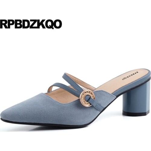 Block suede medium heels chunky size 33 genuine leather blue pumps brand chic sandals pointed toe high luxury women shoes ladies