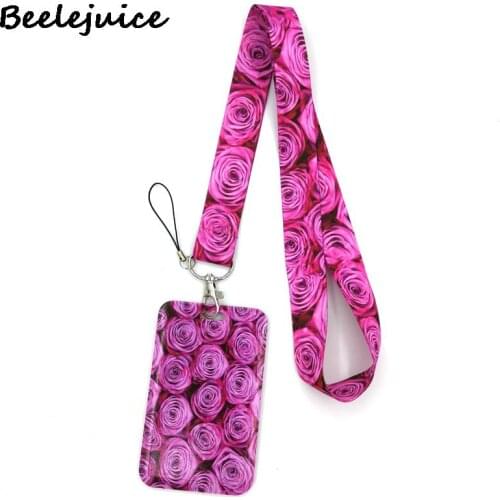 Red Pink Rose Women Credit Card ID Holder Bag Student Women Travel Bank Bus Business Card Cover Badge Gifts Lanyard Straps