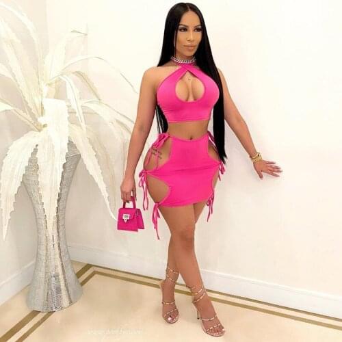 Women Sexy 2 Piece Set Criss Cross Halter Bustier Top+Hollow Out Mini Skirts Outfits 2021 Summer Vacation Beach Party Club Suits