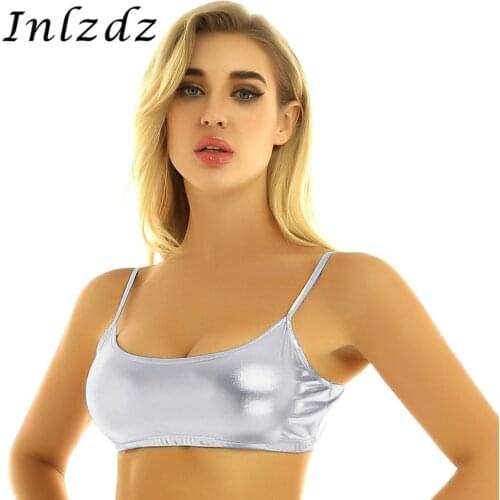 Womens Pole Dance Rave Top Shiny Metallic Spaghetti Shoulder Straps Camisole Vest Crop Tops Party Music Festivals Raves Clothes