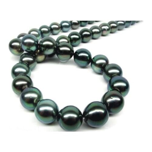 Women gift 17INCH GOLD CLASP flawless light AAAA 12-13mm real Tahitian genuine black peacock blue green round pearl necklace