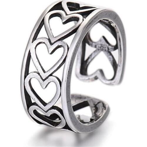 Vintage Silver Color Heart-shaped Open Ring Exquisite Finger Ring for Women Elegant Female Party Jewelry Accessories