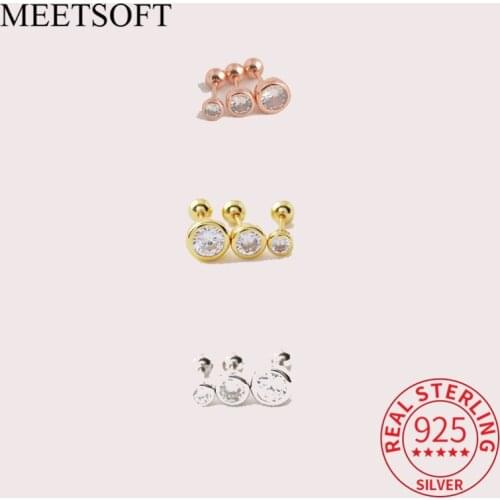 MEETSOFT 1 PCS Real 925 Sterling Silver Round Zircon Stud 14K Gold Earrings For Women Classic Fine Jewelry Gift Drop Shipping