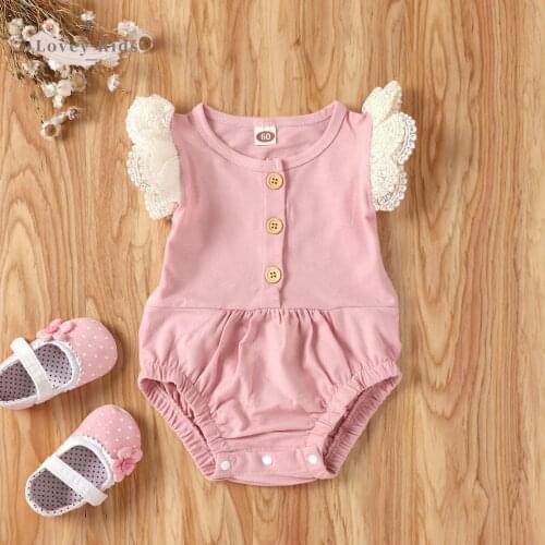 2021 Summer Baby Girl Bodysuits Lace Flying Sleeve Sweet O Neck Cotton Overalls One Piece Infant Toddler Clothes Pink Color