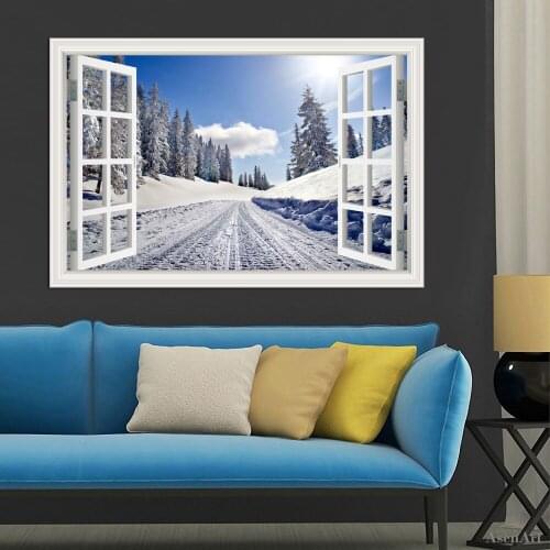 3d Window View Stickers Snow Tree Wall Sticker Removable Winter Forest Wallpaper Pvc Decals For Living Room Home Decor Art