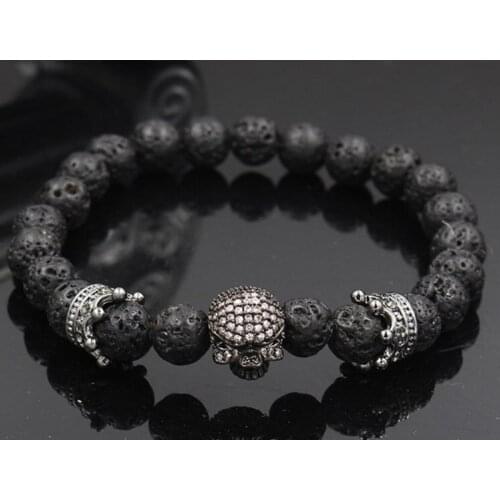 8mm hrgh3 gold silver crown black stone volcanic lava skull micro pave cz zircon cubic zirconia Bracelet Yoga Reiki Chakra