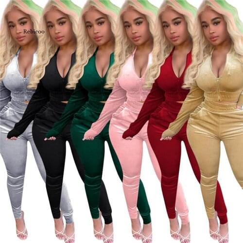 Velvet Two Piece Set Fall Women Zipper Solid Crop Top Long Pants Velour Tracksuit Sportwear Outfits