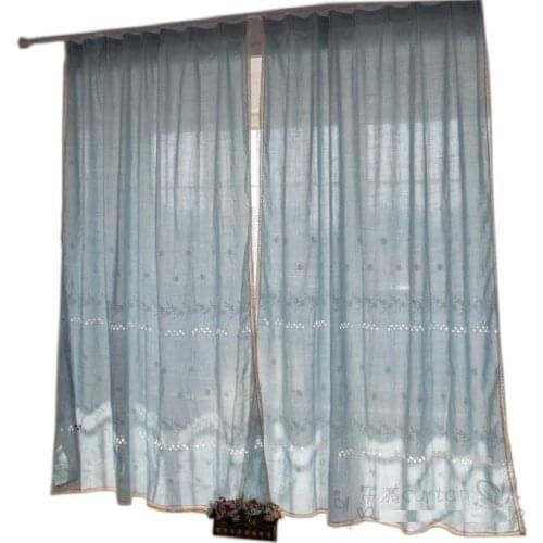 Cotton Linen Embroidery Retro Blue Curtains Lace Flower Cortina Crochet Hollow Out Curtain Kitchen Balcony Blinds Shower Curtain