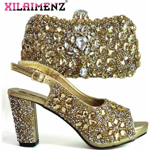 Italian Women Shoes and Bag Set Nigerian Ladies Matching Shoes and Bag with Shinning Crystal Golden Color for Italian Party