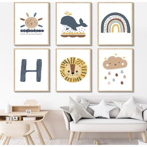 Scandinavian Lion Dolphin Rainbow Letter Wall Art Canvas Painting Nordic Posters And Prints Wall Pictures Kids Baby Room Decor
