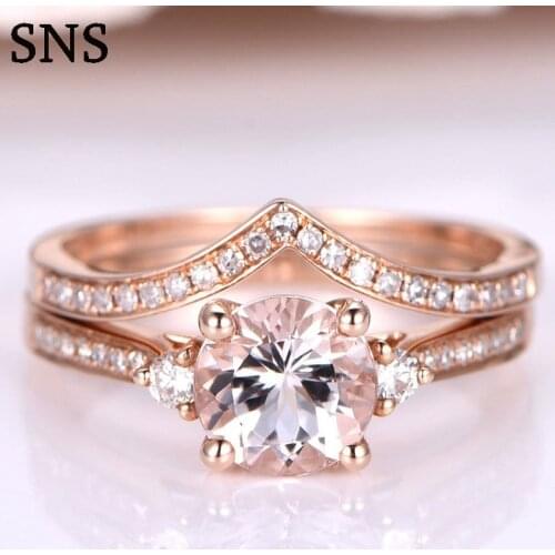 7.0mm 1.2ct Round Cut Natural Real Morganite Engagement Ring Set Solirate with Moissanite 14k Rose Gold For Lady Promising Ring