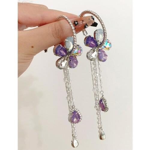 MWSONYA Korean Flower Drop Women Earrings 2021 Trend Ladies Fashion Purple Crystal Chain Tassel Summer Holiday Brincos Jewelry