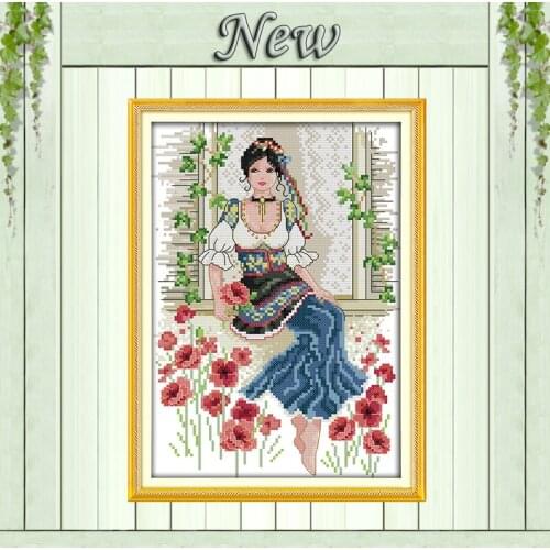Beauty flowers poppy window painting counted printed on canvas DMC 11CT 14CT kits chinese Cross Stitch embroidery needlework Set