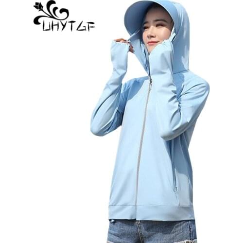 UHYTGF Breathable summer sun protection clothing 2020 fashion long sleeve hooded Anti-UV bike thin jacket elegant women top 1611