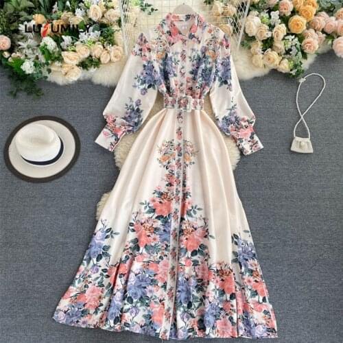 Lusumily New Arrivals Women Vintage Print Dress Lantern Sleeve Sashes Tie Up Zipper Back Turn-down Collar High Waist Dresses