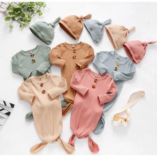Fashion Solid Color Baby Quilt and Hat Long Sleeve Newborn Wrap Comfort Ribbed Sleeping Bag & Cap Set