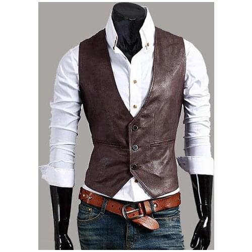 2022 New Mens Slim PU Leather Waistcoat Simple Fashion Tailored Suit Waistcoat