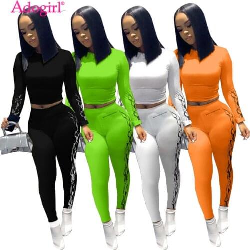 Adogirl 2020 Autumn New Women Two Piece Set Fashion Print Long Sleeve Crop Top Shirts Leggings Pants Suit Female Tracksuit